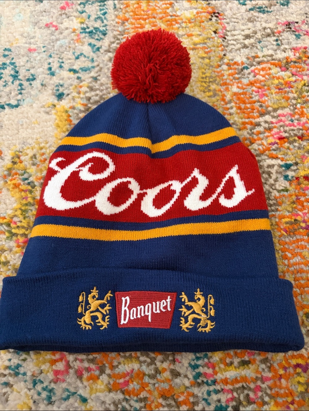 Coors Banquet Knit Pom Beanie - Blue/Red/Yellow